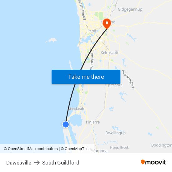 Dawesville to South Guildford map