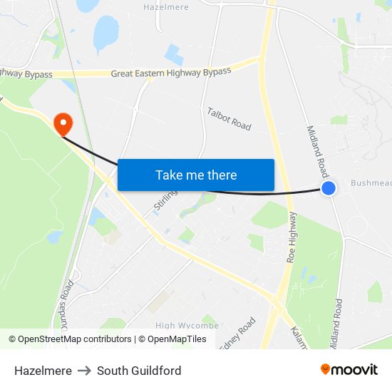 Hazelmere to South Guildford map