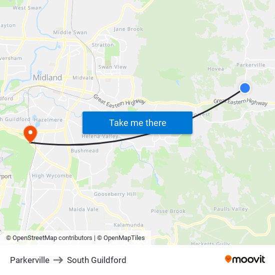 Parkerville to South Guildford map