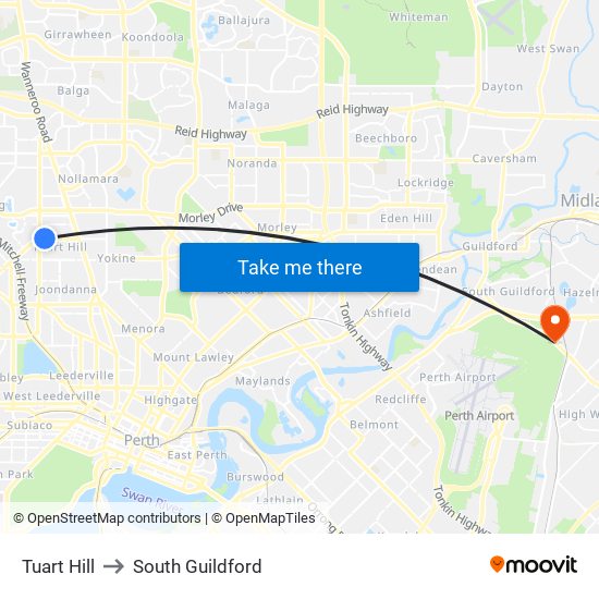 Tuart Hill to South Guildford map