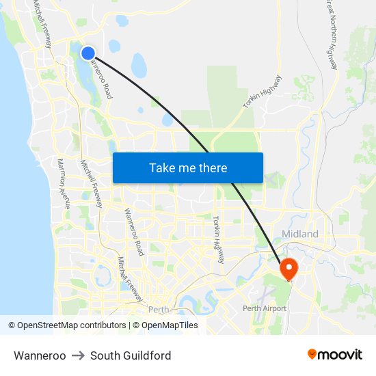 Wanneroo to South Guildford map