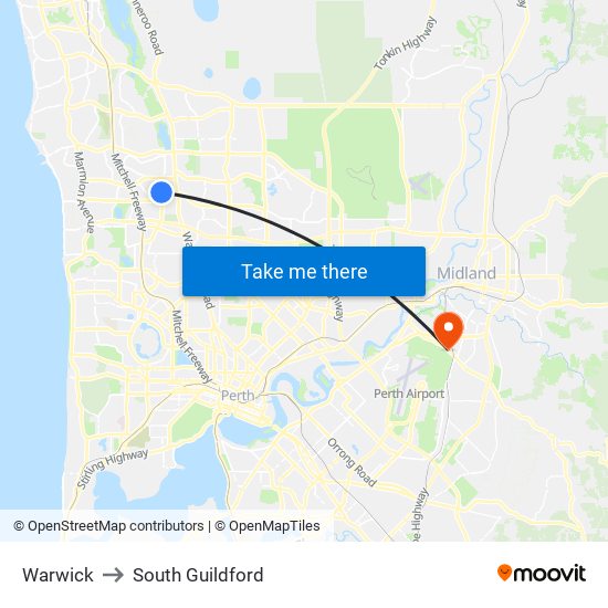 Warwick to South Guildford map