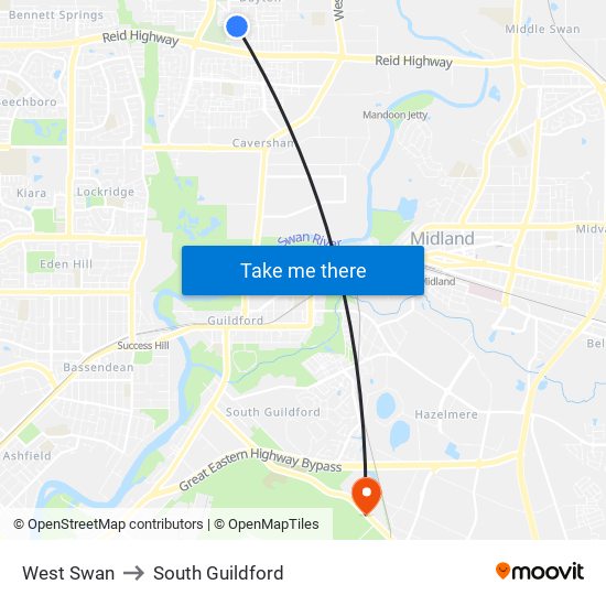 West Swan to South Guildford map