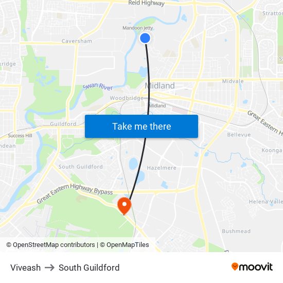 Viveash to South Guildford map