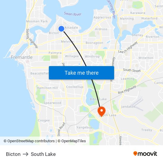 Bicton to South Lake map