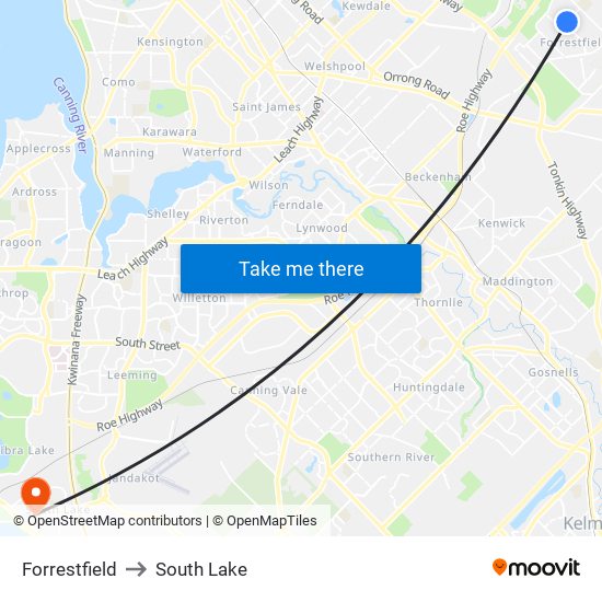 Forrestfield to South Lake map