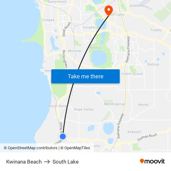 Kwinana Beach to South Lake map