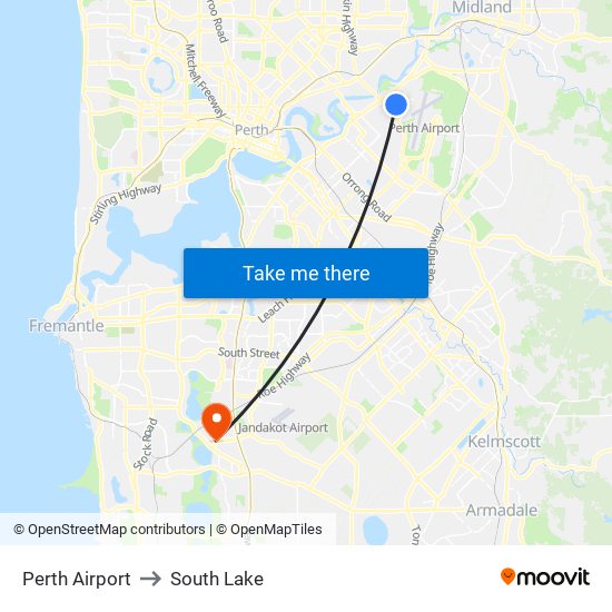 Perth Airport to South Lake map