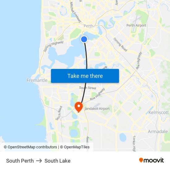 South Perth to South Lake map