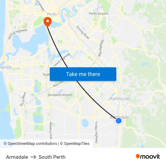Armadale to South Perth map