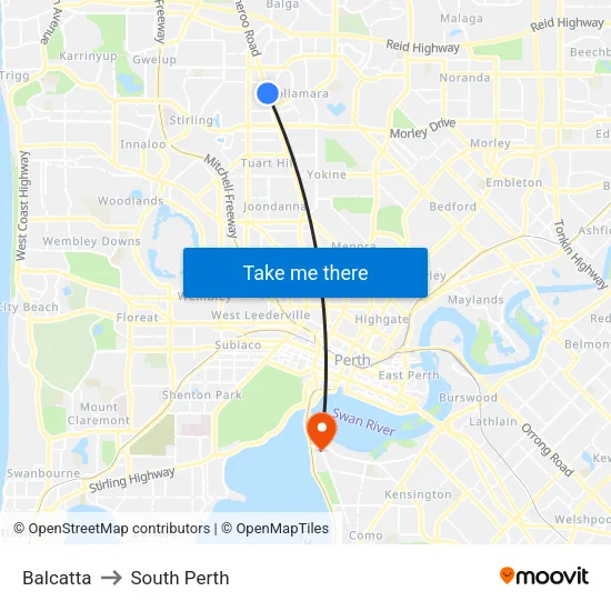 Balcatta to South Perth map