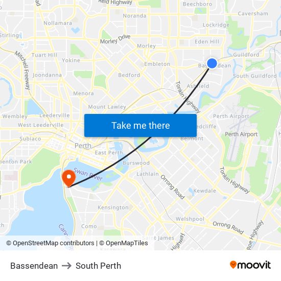 Bassendean to South Perth map