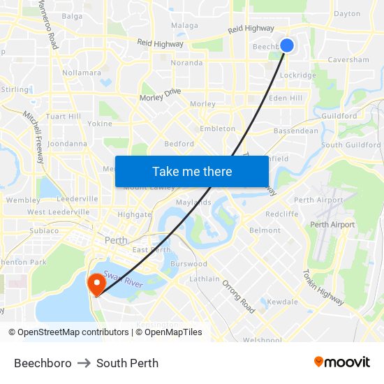 Beechboro to South Perth map