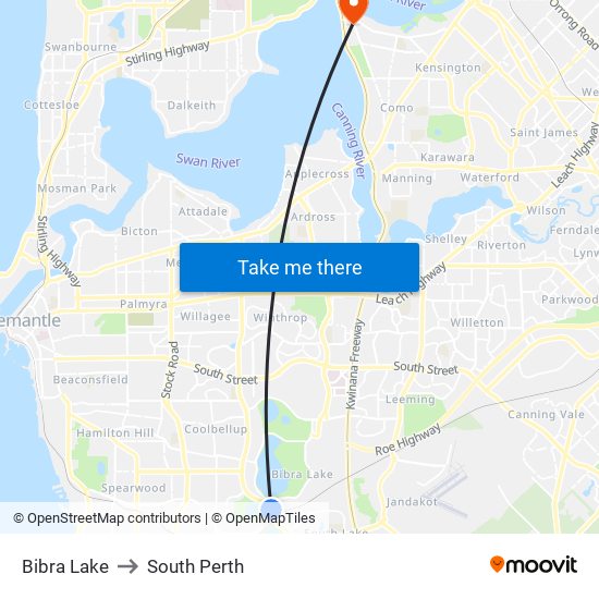 Bibra Lake to South Perth map