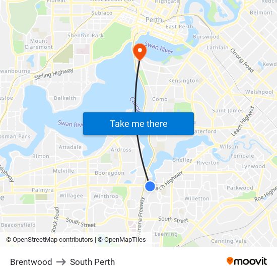 Brentwood to South Perth map