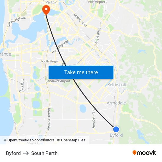 Byford to South Perth map