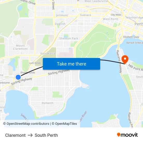 Claremont to South Perth map