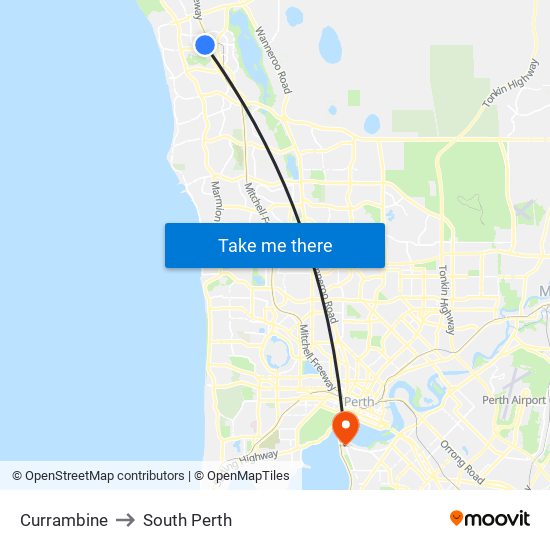 Currambine to South Perth map