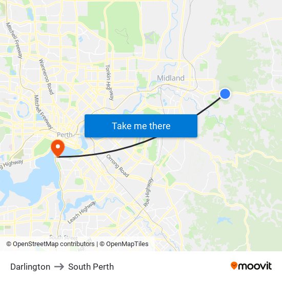 Darlington to South Perth map