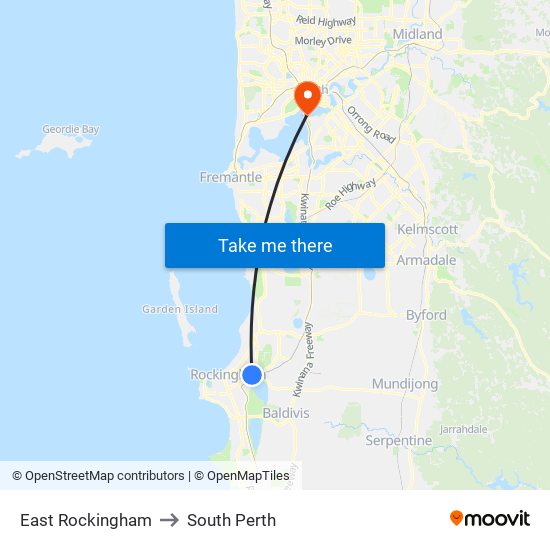 East Rockingham to South Perth map