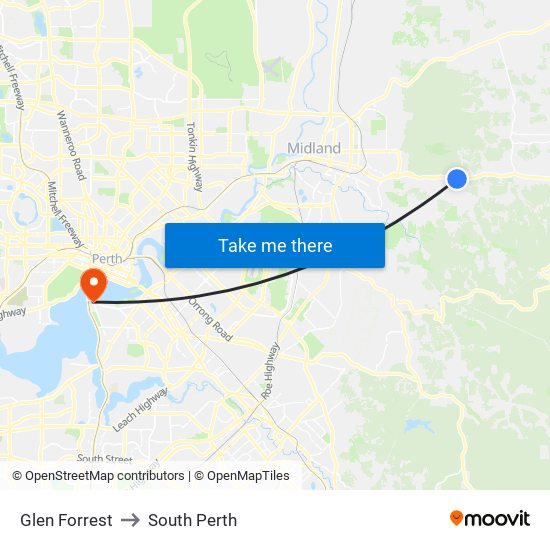 Glen Forrest to South Perth map