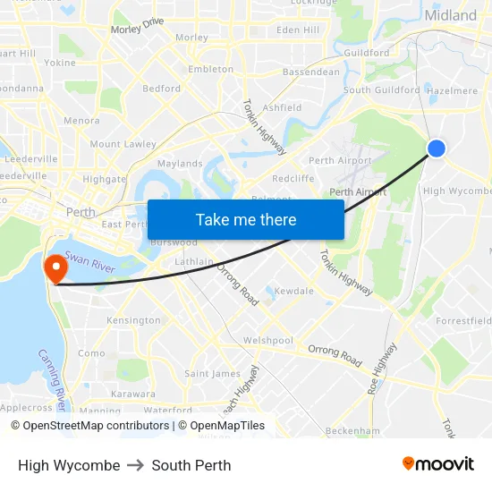 High Wycombe to South Perth map