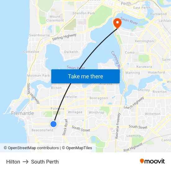 Hilton to South Perth map