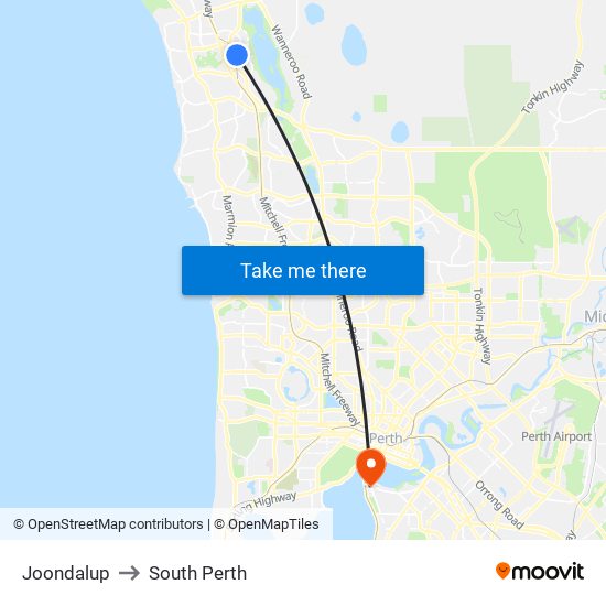 Joondalup to South Perth map