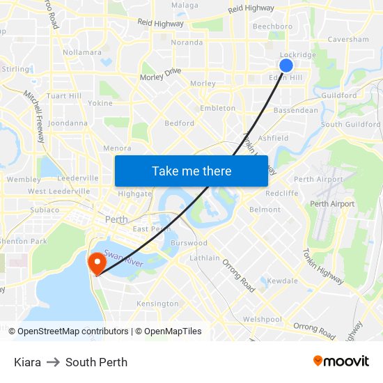 Kiara to South Perth map