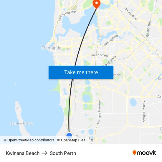 Kwinana Beach to South Perth map
