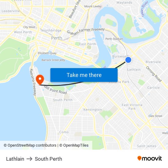 Lathlain to South Perth map
