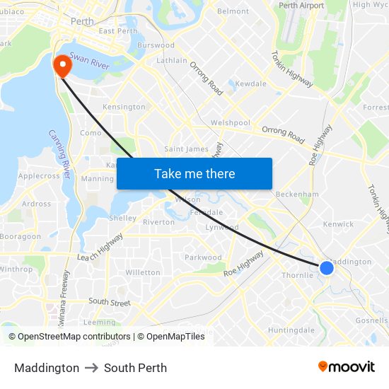 Maddington to South Perth map