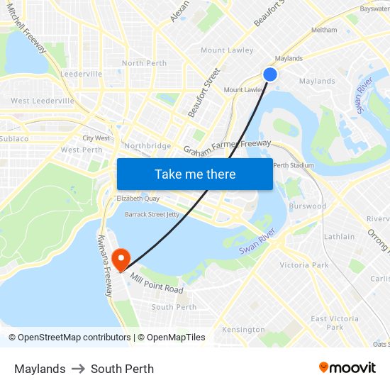 Maylands to South Perth map