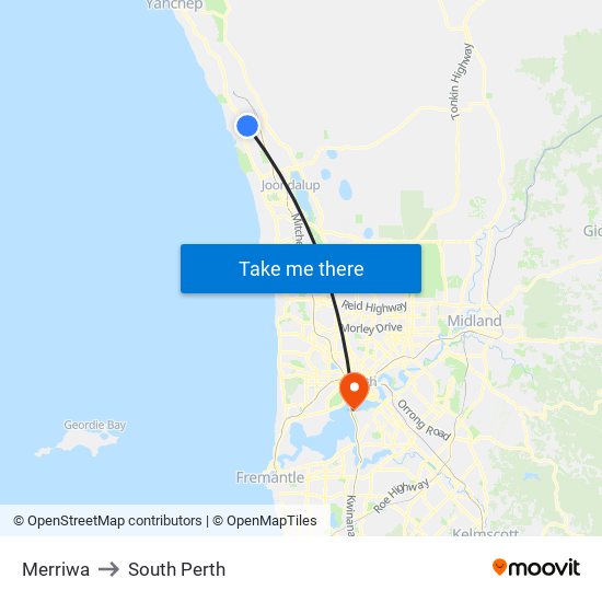 Merriwa to South Perth map