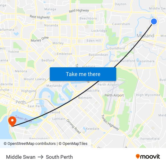 Middle Swan to South Perth map