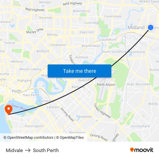 Midvale to South Perth map