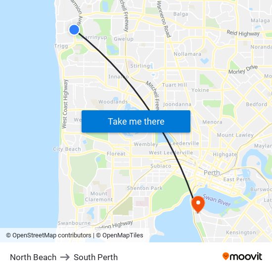 North Beach to South Perth map