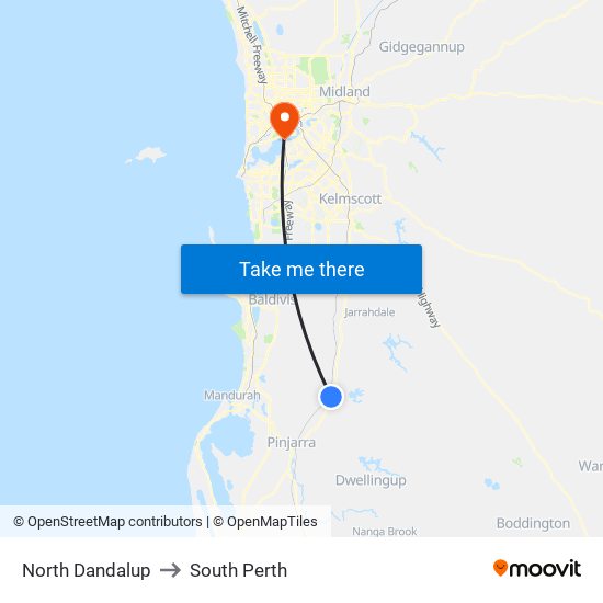 North Dandalup to South Perth map