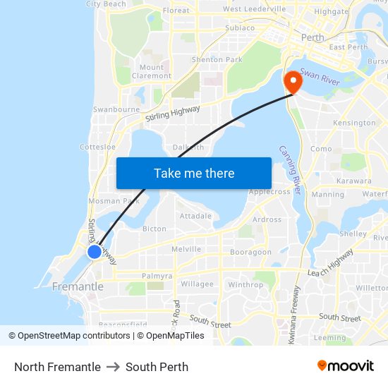 North Fremantle to South Perth map