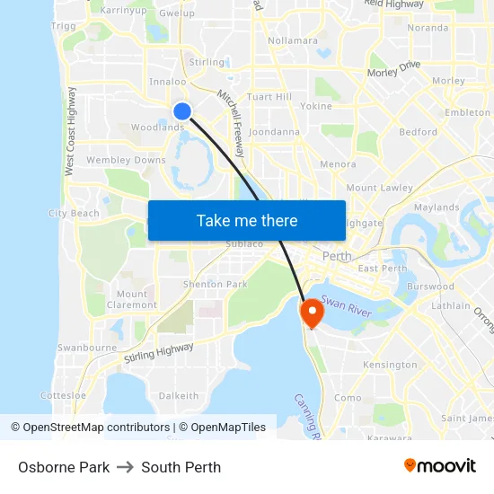 Osborne Park to South Perth map