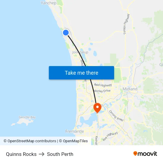 Quinns Rocks to South Perth map