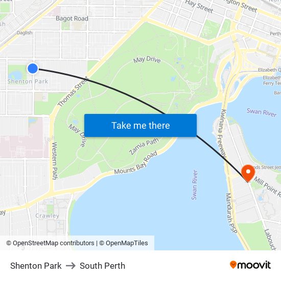 Shenton Park to South Perth map