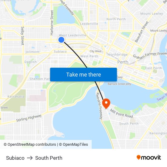 Subiaco to South Perth map