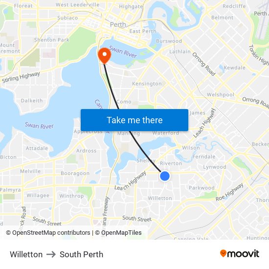 Willetton to South Perth map