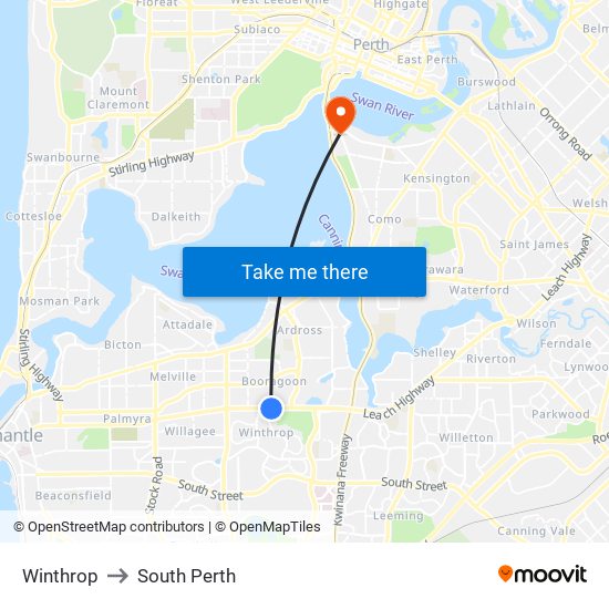 Winthrop to South Perth map