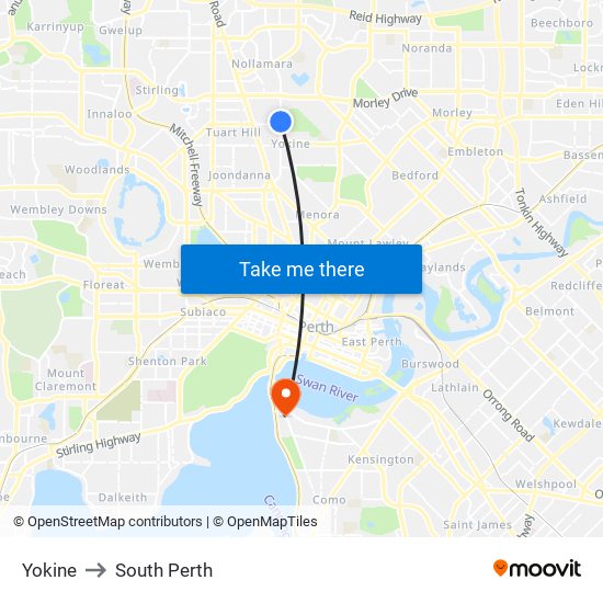 Yokine to South Perth map