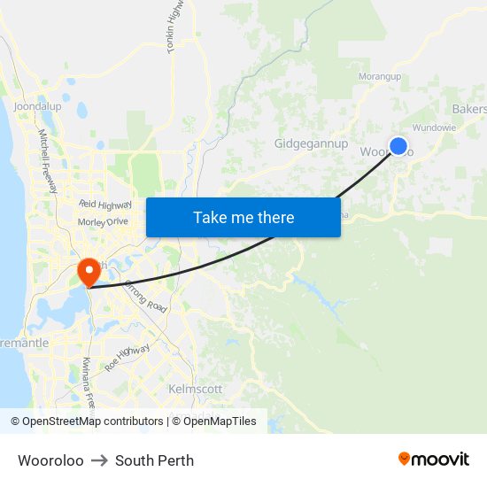 Wooroloo to South Perth map