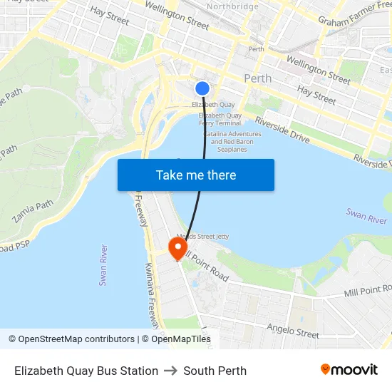 Elizabeth Quay Bus Station to South Perth map