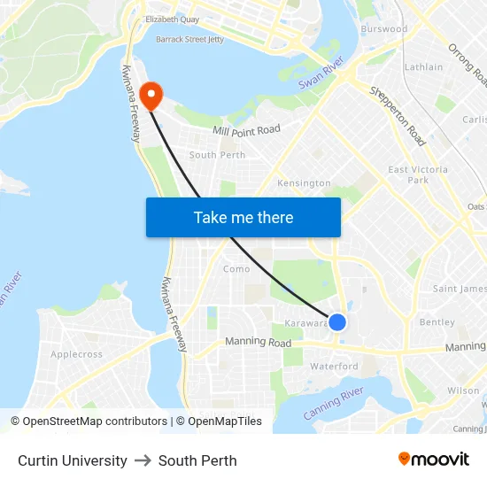 Curtin University to South Perth map
