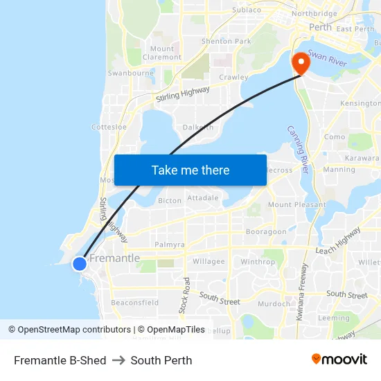Fremantle B-Shed to South Perth map